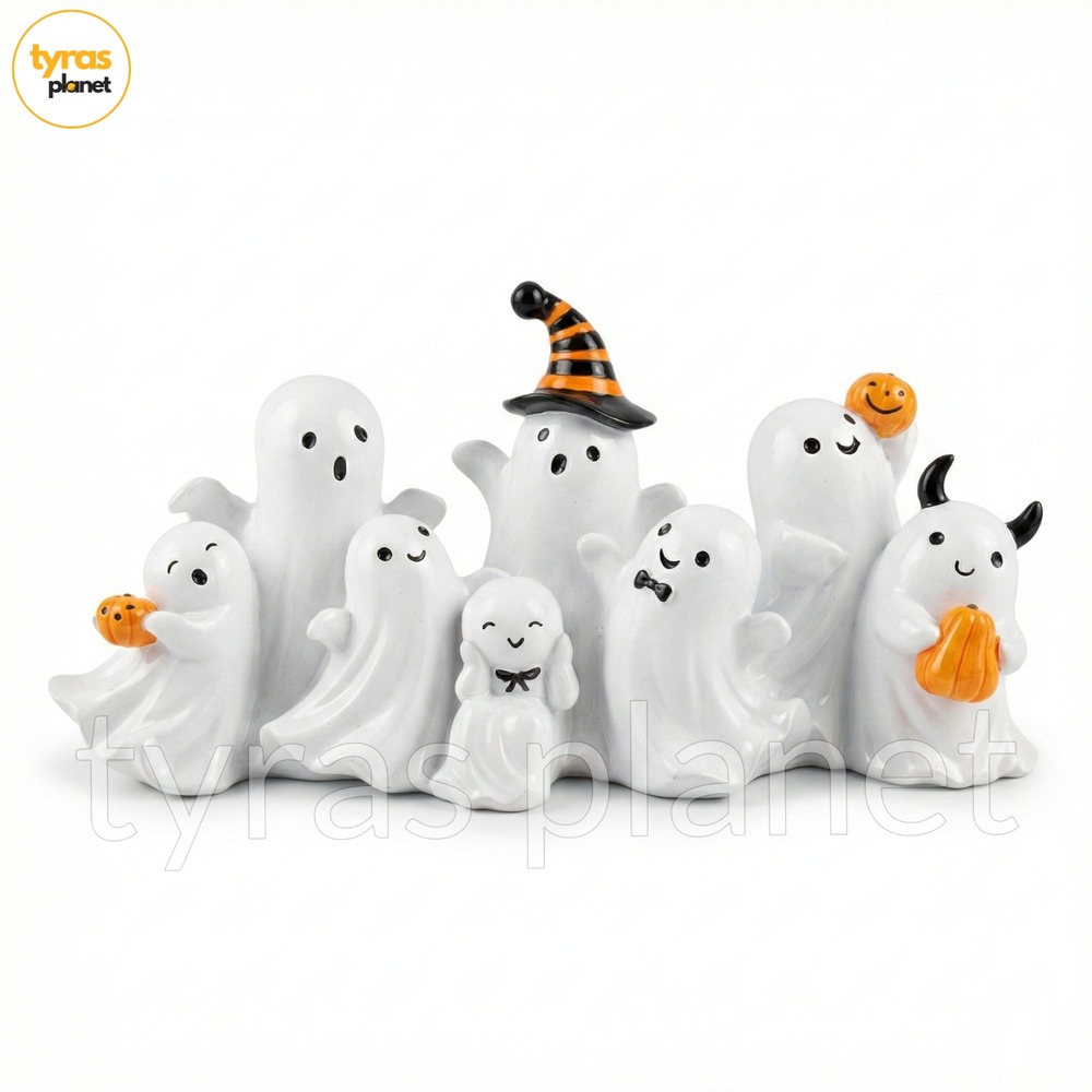 Halloween Ghost Party Figurine Centerpiece Ceramic 7 Ghosts Witch Hat Pumpkin
